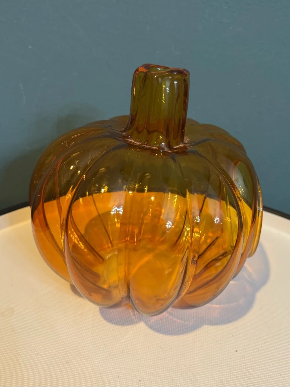 Orange Amber Glass Pumpkin Candle Holder with Stem Chimney 6.5” tall